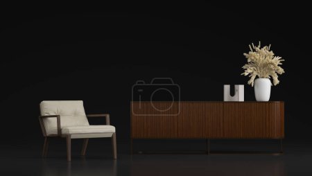 Téléchargez les photos : Rendre 3d armoire de buffet en bois dans un scénario de fond noir avec un fauteuil en cuir blanc - en image libre de droit