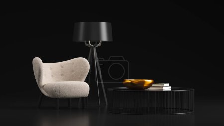 Photo for 3d Render of white armchair with low table and floor lamp in black background. Studio soft lighting - Royalty Free Image