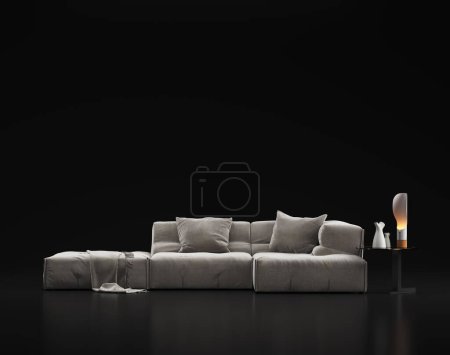 Photo for 3d Render of gray sofa with low table and lamp in a black background environment. Soft studio light - Royalty Free Image
