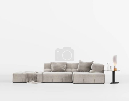3d Render of gray sofa with low table and lamp in a white background environment. Soft studio light