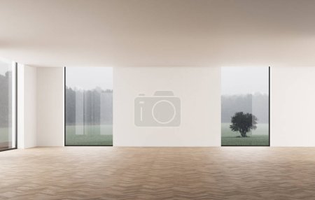 Foto de 3d Renderizado de espacio vacío con paredes blancas y suelo de madera. Luz natural y ventanas - Imagen libre de derechos