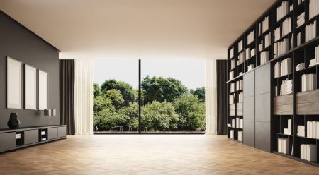 Photo for 3d Render of empty space with wood floor and great window with trees. Book shelves on the right and dark plaster wall on the left. - Royalty Free Image