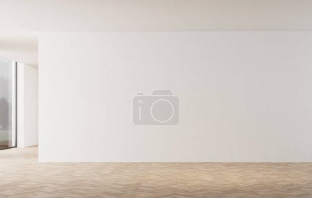 Téléchargez les photos : 3d Rendez-vous de l'espace vide avec des murs blancs et plancher de bois. Lumière naturelle et fenêtres sur le côté gauche. - en image libre de droit
