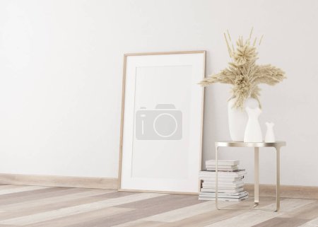 Foto de 3d Renderizado de marcos blancos en pared de yeso claro y suelo de madera. Marcos blancos en la pared. Mesa baja con decoración - Imagen libre de derechos
