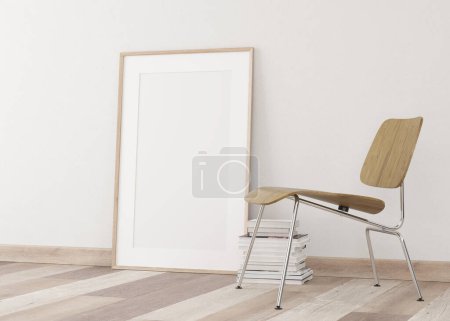 Foto de 3d Renderizado de marcos blancos en pared de yeso claro y suelo de madera. Marcos blancos en la pared. Silla de madera y cromo. - Imagen libre de derechos