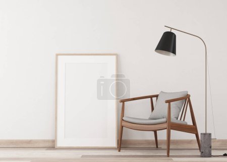 Foto de 3d Renderizado de marcos blancos en pared de yeso claro y suelo de madera. Marcos blancos en la pared. Sillón de madera y lámpara de pie - Imagen libre de derechos