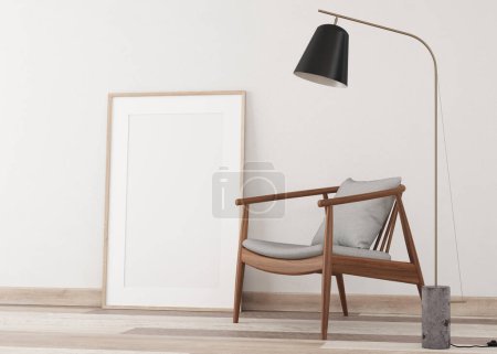 Photo for 3d Render of white frames in light plaster wall and wood floor. White frames on the wall. Wood armchair and floor lamp - Royalty Free Image