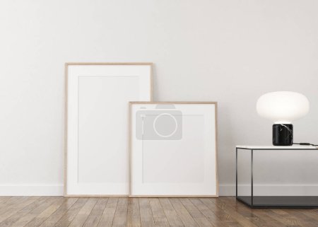 Foto de 3d Renderizado de marcos blancos en pared de yeso claro y suelo de madera. Marcos blancos en la pared. Lámpara - Imagen libre de derechos