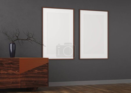 Foto de 3D Renderizado de salón con pared de yeso oscuro y suelo de madera. Marcos blancos en la pared. Aparador de madera - Imagen libre de derechos