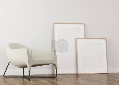 Foto de 3d Renderizado de marcos blancos en pared de yeso claro y suelo de madera. Marcos blancos en la pared. Sillón blanco - Imagen libre de derechos
