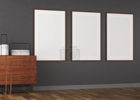 Photo for 3d Render of livingroom with dark plaster wall and wood floor. White frames on the wall. Wood sideboard cabinet - Royalty Free Image