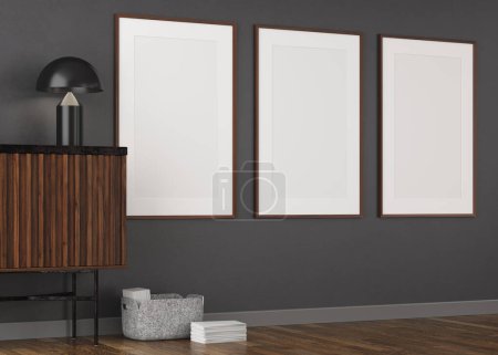 Foto de 3D Renderizado de salón con pared de yeso oscuro y suelo de madera. Marcos blancos en la pared. Aparador de madera - Imagen libre de derechos