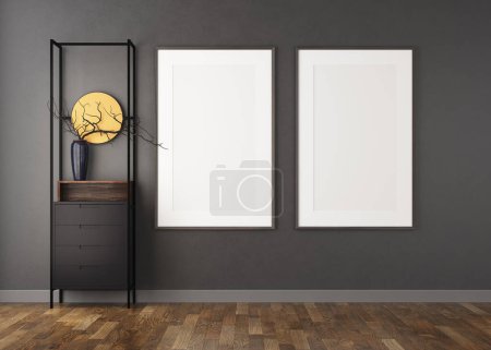 Photo for 3d Render of livingroom with dark plaster wall and wood floor. White frames on the wall. Dark sideboard cabinet - Royalty Free Image