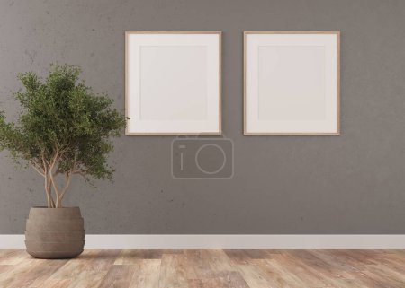 Téléchargez les photos : 3d Render de salon avec mur de plâtre gris et plancher de bois. Cadres blancs sur le mur. Petit arbre - en image libre de droit