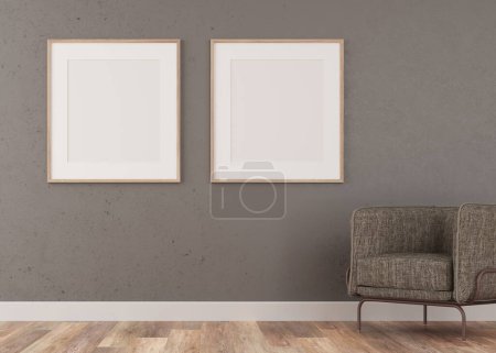 Foto de 3d Renderizado de salón con pared de yeso gris y suelo de madera. Marcos blancos en la pared. Sillón gris. - Imagen libre de derechos