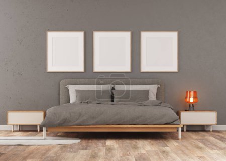 Photo for 3d Render of bedroom with dark plaster wall and wood floor. Frames on the wall. - Royalty Free Image