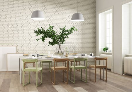 Photo for 3d Render of dinningroom with white brick wall and old wood floor. Big windows with natural light. Wood table and chairs. Big plant and ceiling lamps. - Royalty Free Image