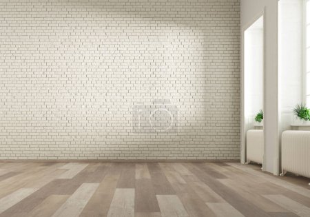 3d Render of empty space with white brick wall and old wood floor. Big windows with natural light. 