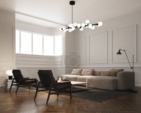 Photo for 3d Render of modern livingroom with white classical walls and wood floor. Black carpet and ceiling lamp. Light sofa and black armchairs. - Royalty Free Image