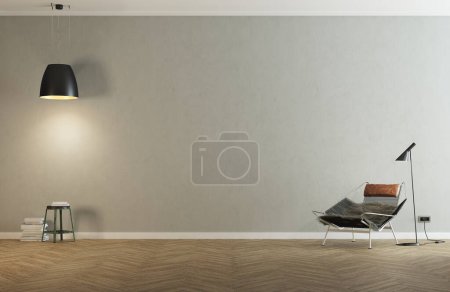Foto de 3d Renderizado de habitación moderna y minimalista con espacio vacío en el centro. Chaise longue de cuero marrón con lámpara y decoración. Gran lámpara de techo. Paredes de yeso y suelo de madera. Luz suave natural. - Imagen libre de derechos