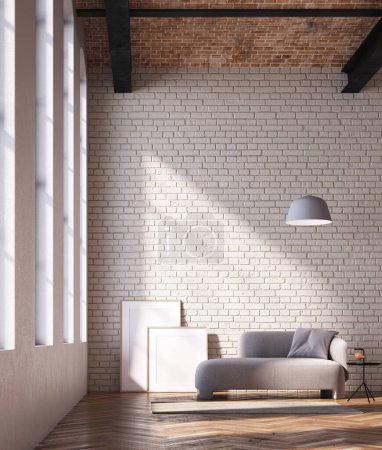 Photo for 3d Render of a Livingroom with white brick wall and a gray sofa. Left window with natural light. Wood floow and frames on the wall. - Royalty Free Image