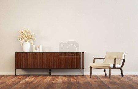 3d render of wood sideboard cabinet in a livingroom with white walls and wood floor. Light leather armchair