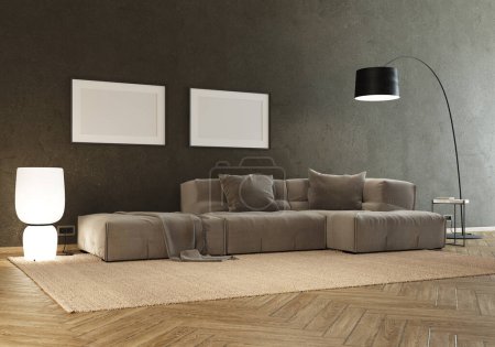 Téléchargez les photos : 3d Render de canapé gris avec mur en plâtre foncé et plancher de bois. Tapis léger, lampadaire et cadres sur le mur. - en image libre de droit