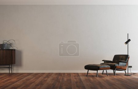 Téléchargez les photos : 3d Render de chambre moderne et minimaliste avec espace vide au centre. Fauteuil en cuir noir avec lampadaire et meubles en bois. Plâtre murs légers et plancher de bois. Lumière douce naturelle. - en image libre de droit