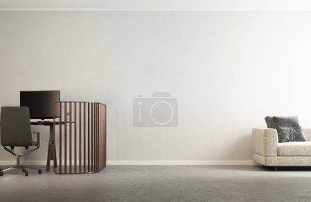 Foto de 3d Renderizado de espacio de oficina moderno y minimalista con espacio vacío en el centro. Mesa con silla negra y sofá. Paredes de yeso y suelo de hormigón. Luz suave natural. - Imagen libre de derechos
