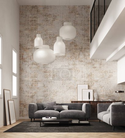 3d Render of a livingroom with brick wall and big paper ceiling lamps. Gray sofas with dark carpet and low table. Frames on the wall.