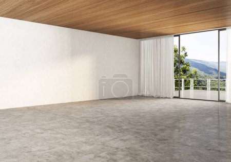 3d Render de grand salon moderne avec plafond en bois et espace vide, murs blancs et plancher de ciment.