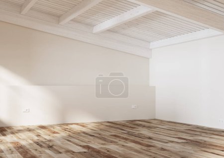 Foto de 3d Renderizado de espacio vacío con piso de madera y vigas de madera blanca en el techo - Imagen libre de derechos