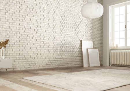 Photo for 3d Render of white brick empty space. Wood floor. Empty frames and window on the right side with natural light. - Royalty Free Image