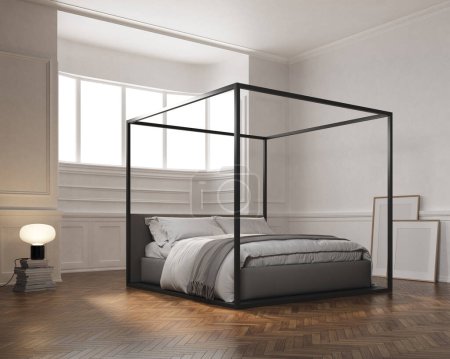 Foto de 3d Renderizado de cama con dosel moderno en un dormitorio clásico paredes blancas. Suelo de madera, marcos vacíos y lámpara. Ventana grande con luz suave. - Imagen libre de derechos