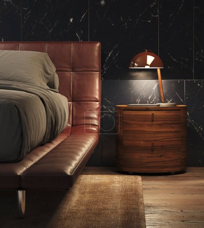 Foto de 3d Renderizado de dormitorio moderno con paredes de mármol negro. Cama de cuero - Imagen libre de derechos