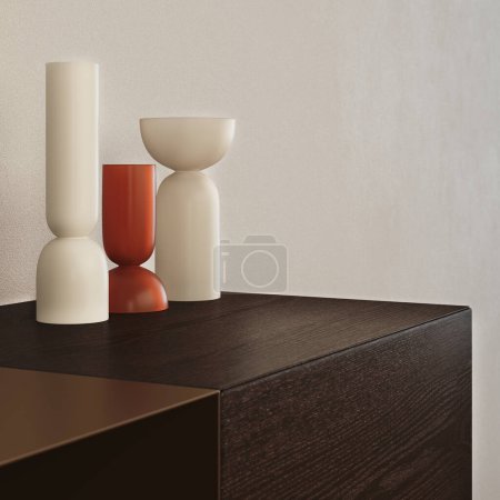 Photo for 3d Render of wood cabinet close up with decoration and empty space. White wall and soft lighting - Royalty Free Image