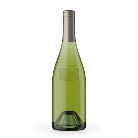 Téléchargez les photos : 3d Rendre de bouteille de vin avec verre vert clair. Blanc - vin d'or. capsule brune. Fond blanc avec ombre. - en image libre de droit
