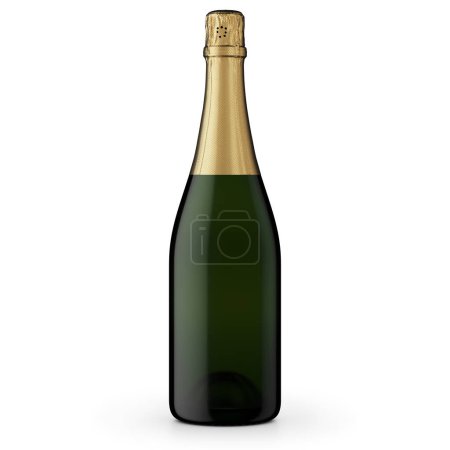 Téléchargez les photos : 3d Rendre de bouteille de champagne avec verre vert foncé. Blanc - vin d'or. Capsule dorée. Fond blanc avec ombre. - en image libre de droit