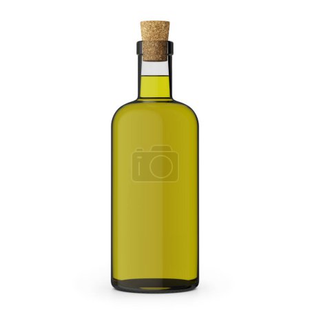 Téléchargez les photos : 3d Rendre de bouteille d'huile d'olive. Bouteille en verre transparent avec bouchon. Fond blanc avec ombre - en image libre de droit