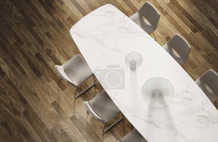 Foto de 3d renderizar vista superior de la mesa de mármol blanco con sillas de tela en un piso de madera. - Imagen libre de derechos