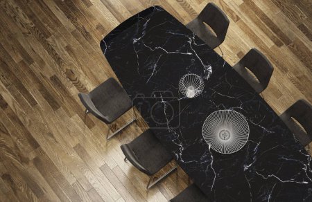 Foto de 3d renderizar vista superior de mesa de mármol negro con sillas de tela en un piso de madera. - Imagen libre de derechos