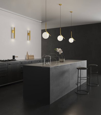 Foto de 3d renderizado de cocina minimalista negro con muebles negros, encimera blanca y lámparas de techo doradas. - Imagen libre de derechos