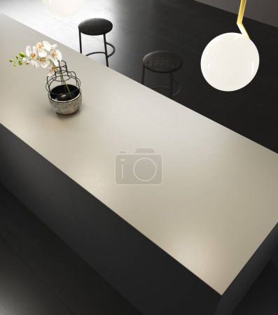 Foto de 3d Renderizado de cocina minimalista negro con muebles negros, encimera blanca con espacio vacío para fregadero, vitrocerámica, grifo o cualquier objeto. y lámparas de techo doradas. - Imagen libre de derechos