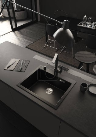 Téléchargez les photos : 3d Render de cuisine noire avec évier noir et robinet. Lumière douce naturelle - en image libre de droit