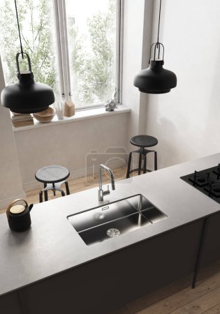 Téléchargez les photos : 3d Render de cuisine moderne avec plancher en bois et meubles noirs. Comptoir gris avec évier et robinet en acier. Plafonniers noirs. - en image libre de droit