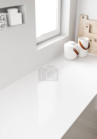Téléchargez les photos : 3d Render de cuisine moderne avec des meubles blancs. Comptoir blanc avec espace vide pour évier, robinet ou plaque de cuisson. - en image libre de droit
