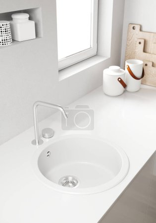 Téléchargez les photos : 3d Render de cuisine moderne avec des meubles blancs. Comptoir blanc avec évier et robinet. - en image libre de droit