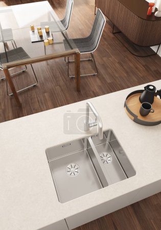 Photo for 3d Render of modern kitchen with wood floor and white furnitures.  White stone countertop with steel sink and faucet. Wood and glass table and chairs. - Royalty Free Image