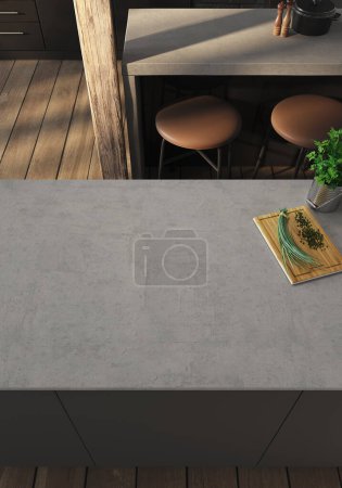 Photo for 3d Render of modern kitchen with wood floor and black furnitures.  Gray stone countertop with empty space for sink, faucet or hob. - Royalty Free Image