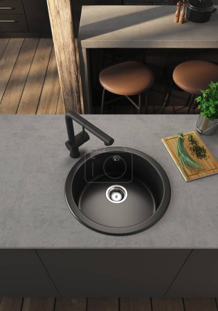 Téléchargez les photos : 3d Render de cuisine moderne avec plancher en bois et meubles noirs. Comptoir en pierre grise avec évier et robinet noirs. - en image libre de droit